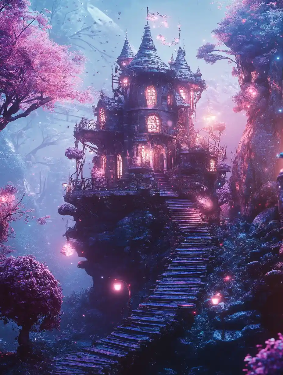 Whimsical fairy in a bright metallic enchanted forest scene