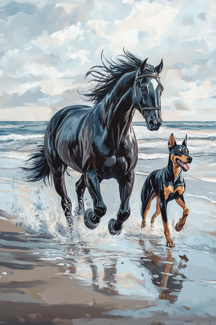 Black horse and Doberman running together on the beach