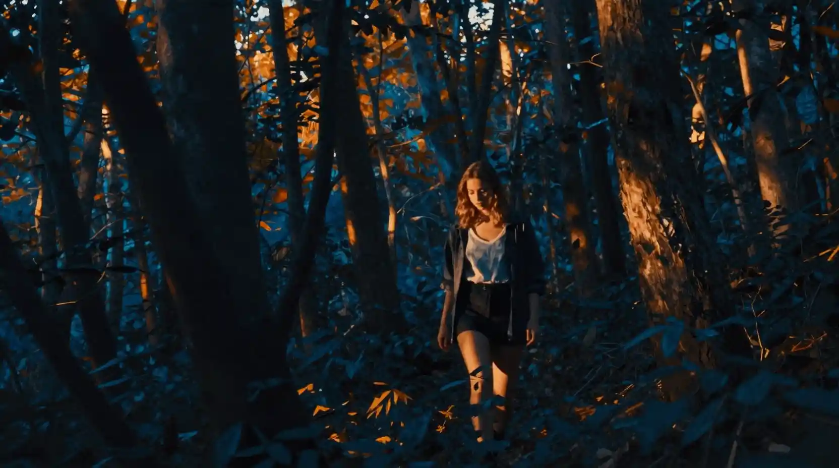 Jovem caminhando pelas sombras em uma floresta banhada de sol