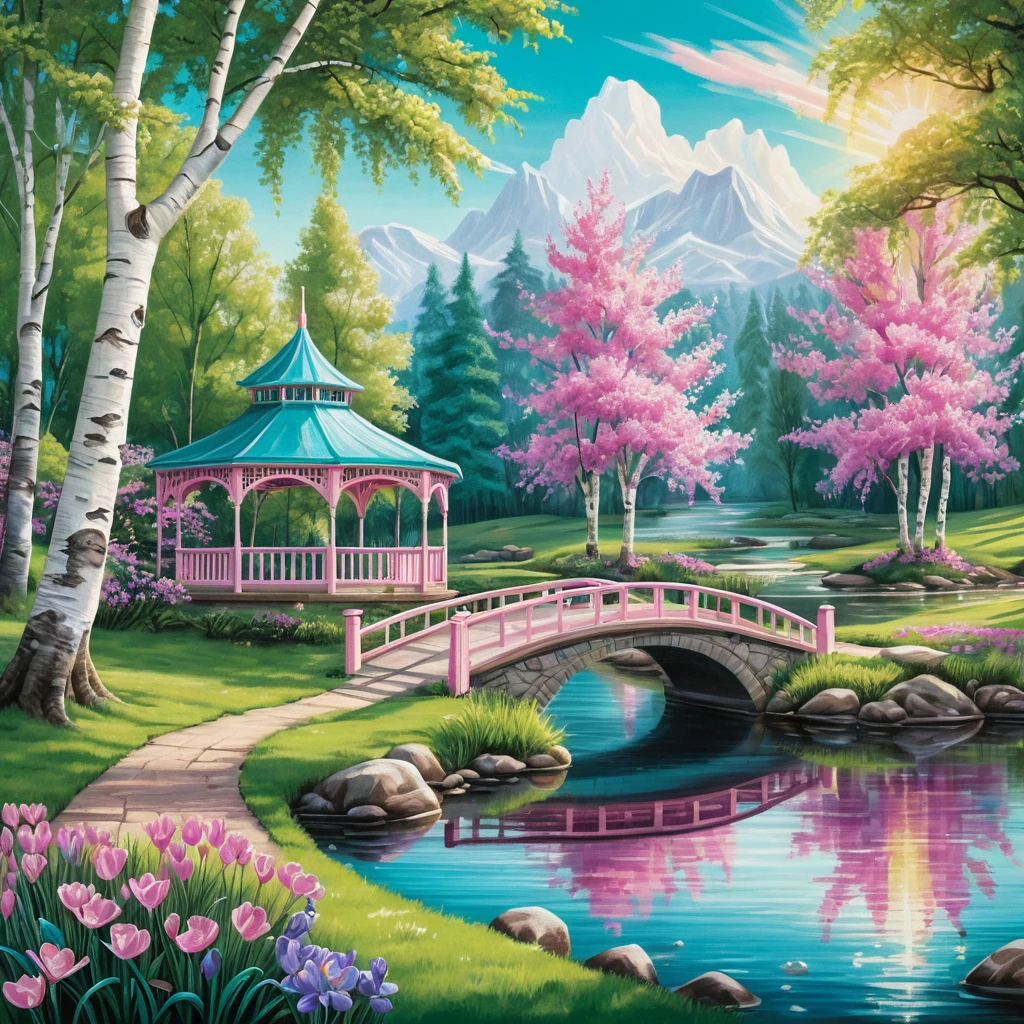 Summer park river scene with bridge and pavilion