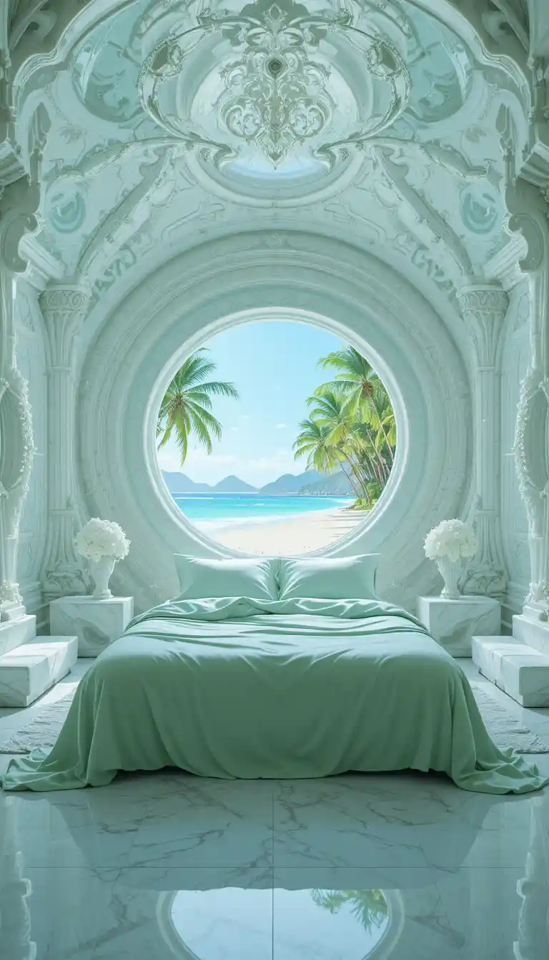 Camera da letto futuristica con pareti di cristallo e vista su una spiaggia tropicale