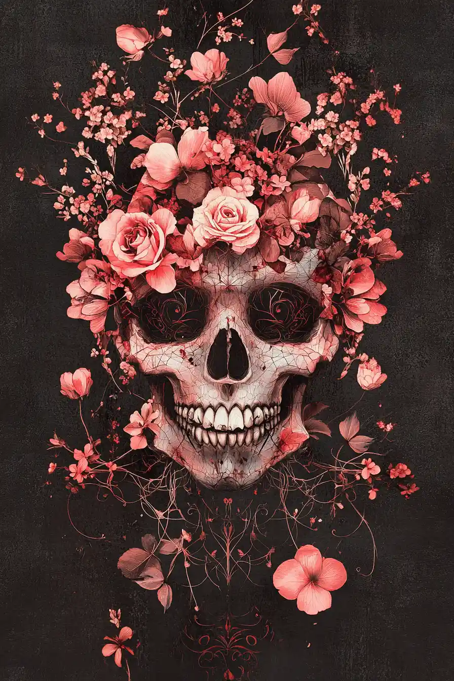 Floral skull formed by blooming roses and layered petals