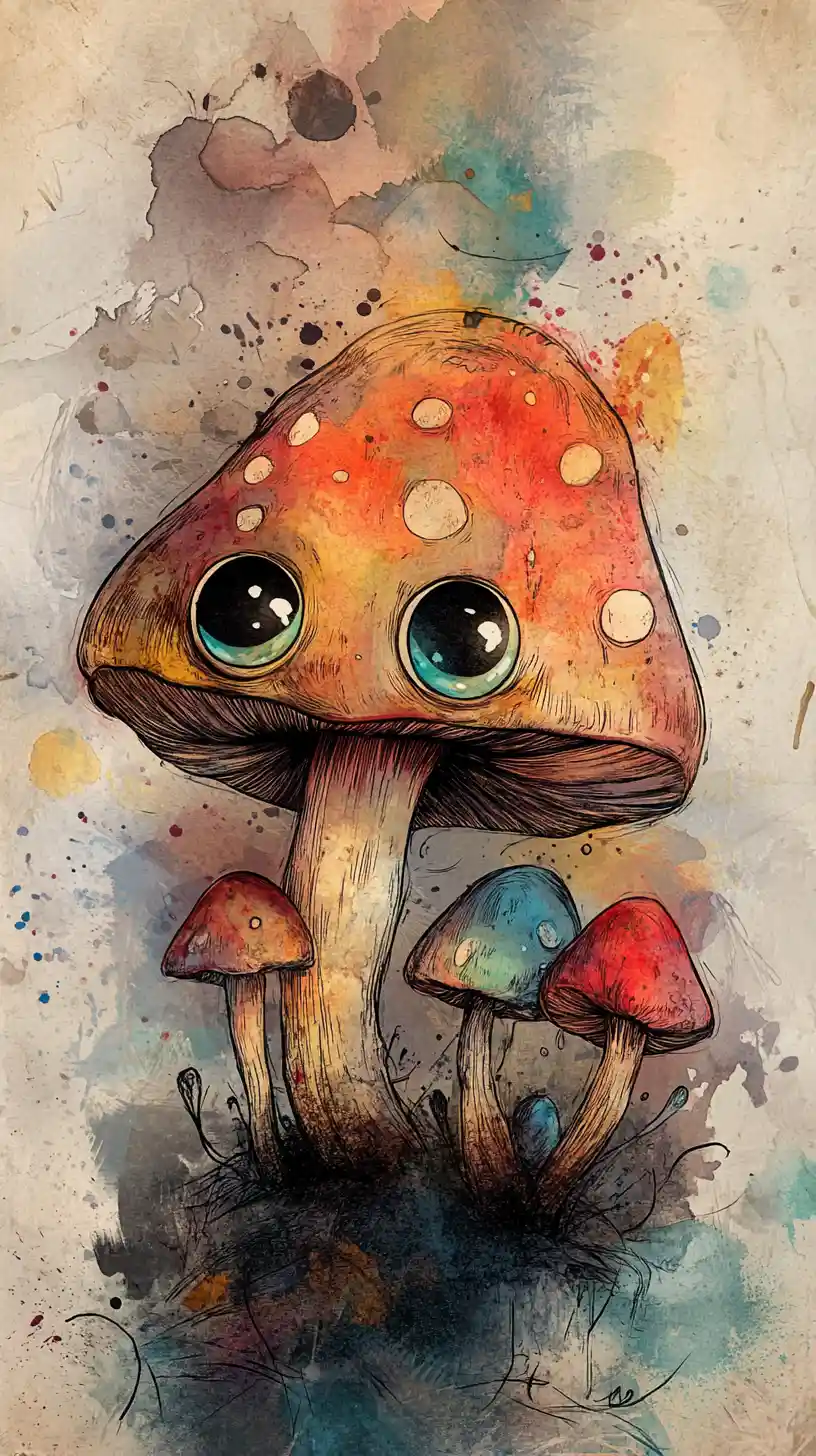 Tiny fantasy mushroom creature with big glossy emotional eyes