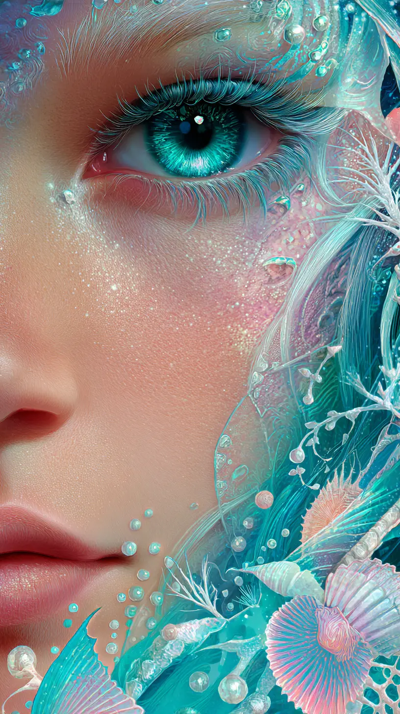 Close up baby mermaid portrait with luminous turquoise eyes
