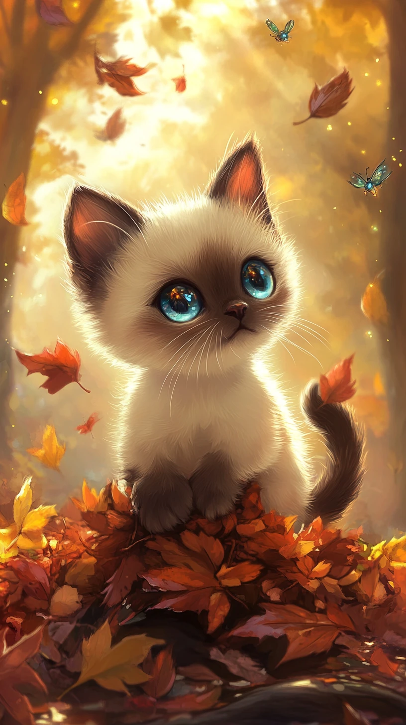 Chibi-Siamkätzchen spielt in leuchtend buntem Herbstlaub