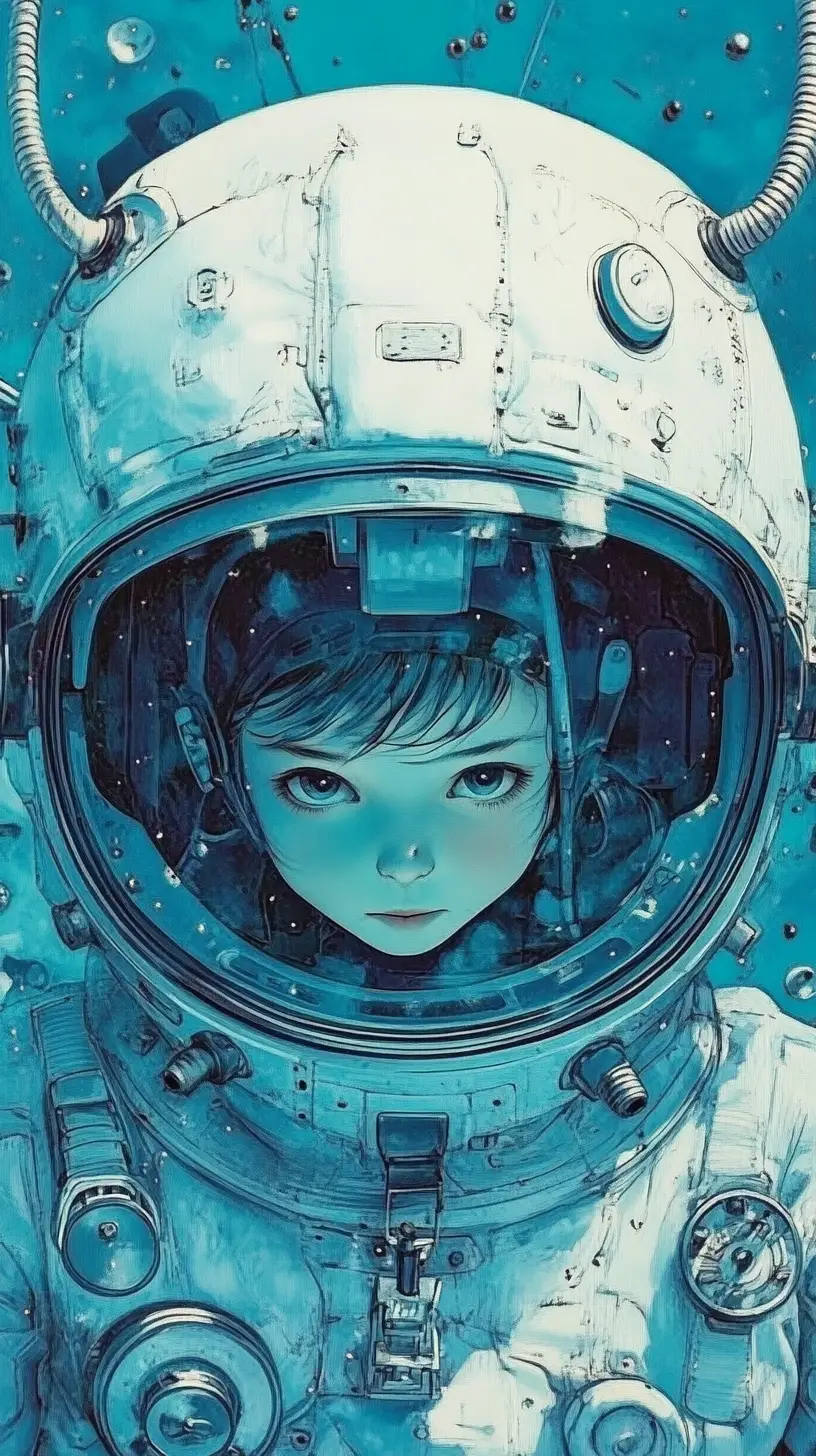 Astronaut Helmet With Soviet Girl In Surreal Pointillist Illustration