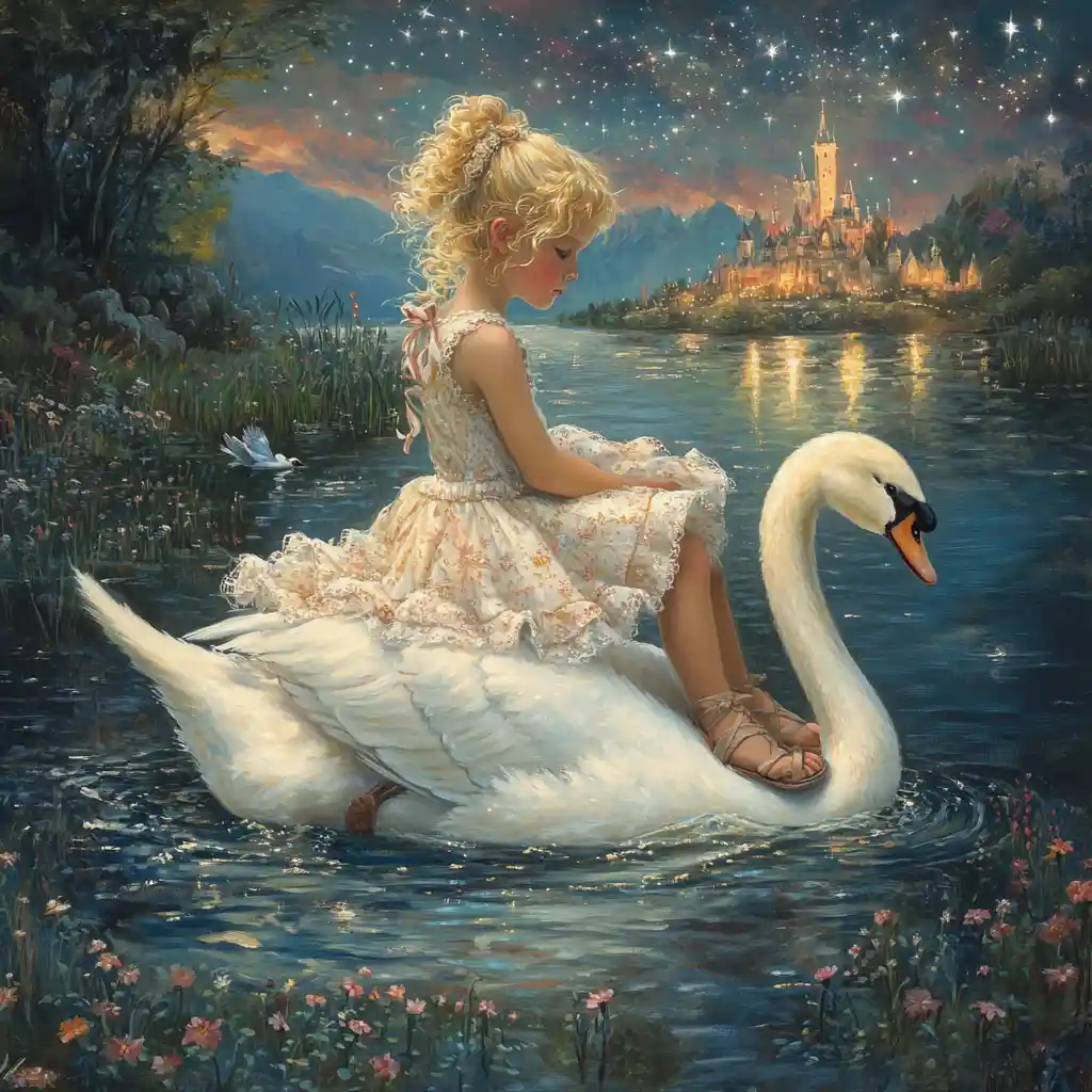 Little girl riding a swan on a starlit fairytale sea