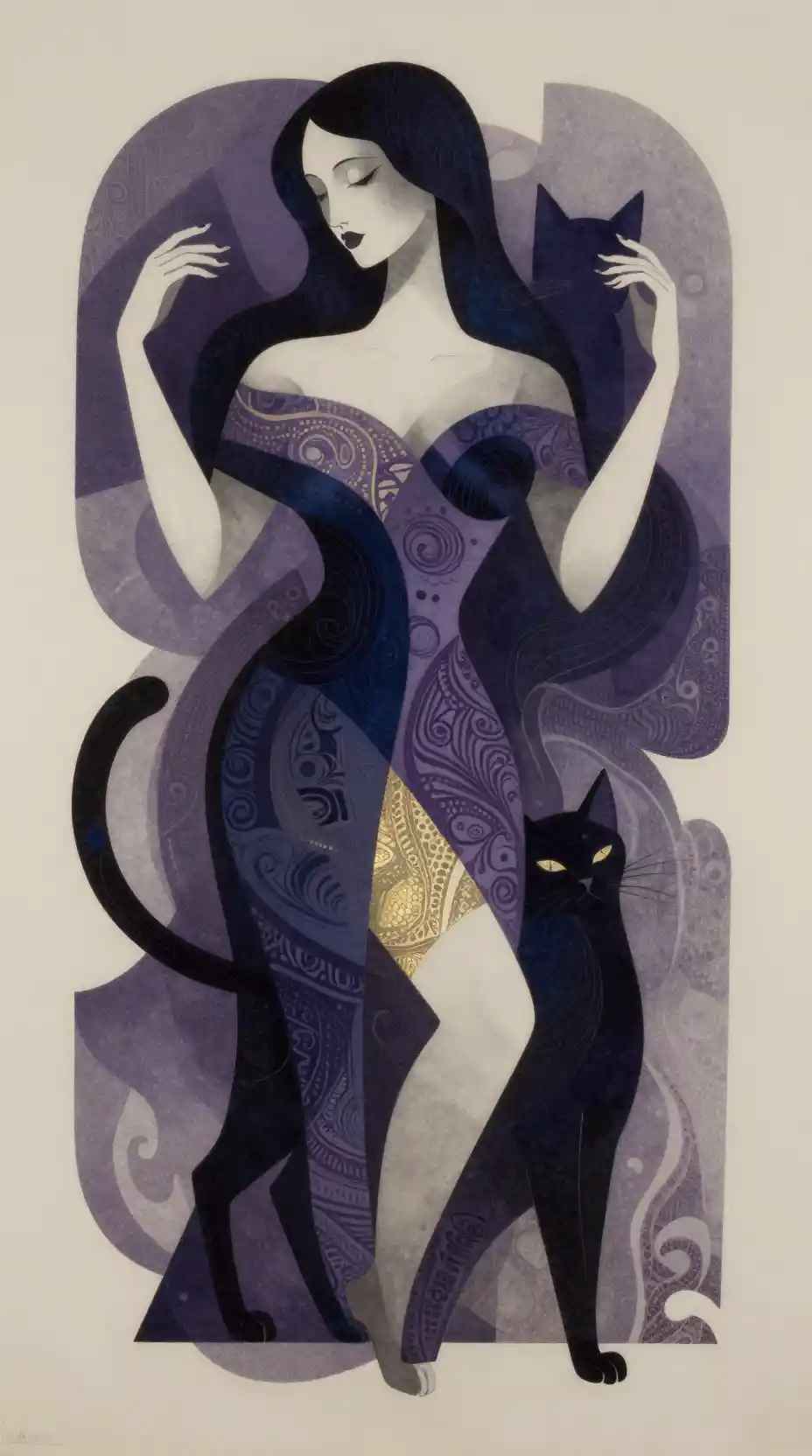 Mujer cubista abstracta con gato elegante en colores profundos y emotivos