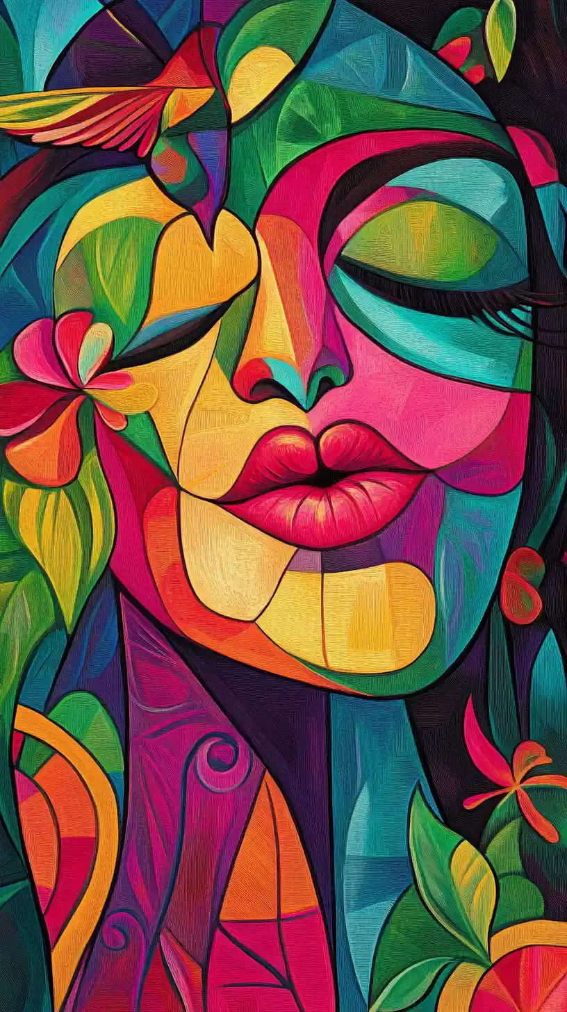 Abstract cubist girl portrait with hummingbird and neon colors