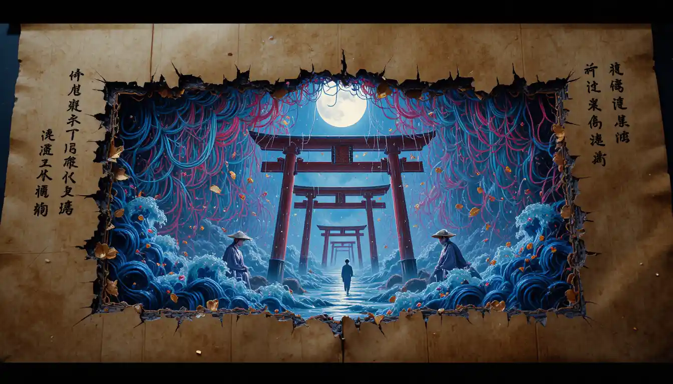 Silk cords shatter a scroll revealing a ghostly underworld