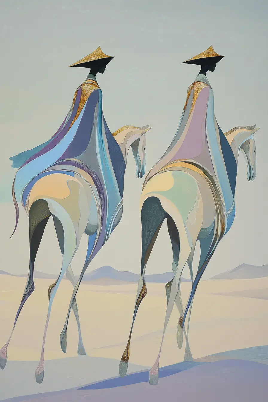 Elegant riders on ethereal horses in minimalist landscape
