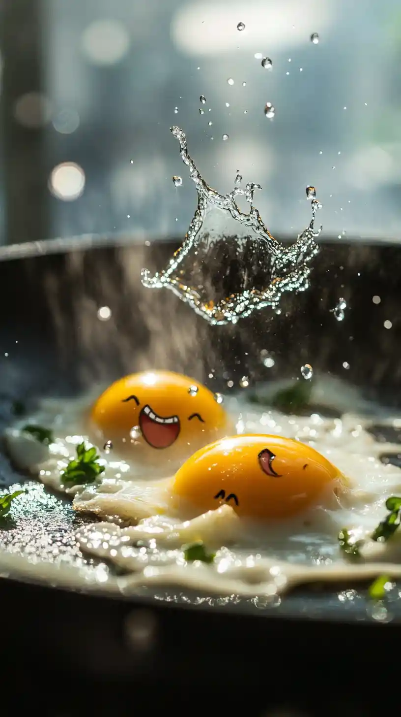 Verspielte Eier, die lachend in der Pfanne brutzeln