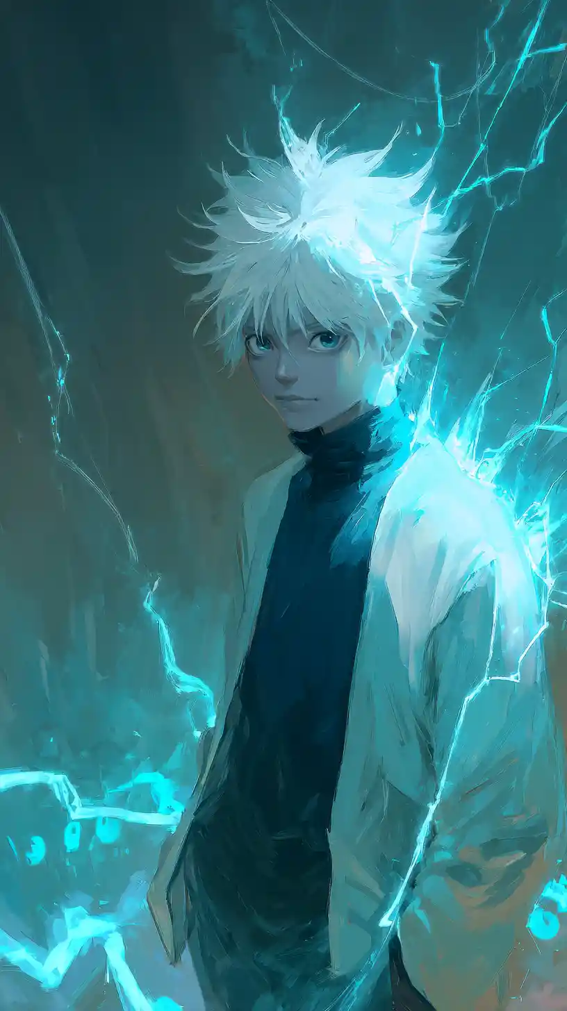Anime hero with glowing white hair and blue lightning