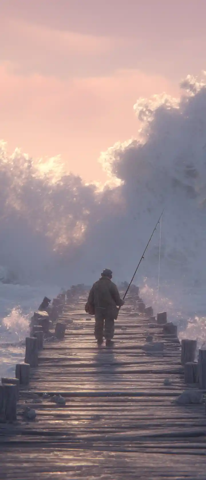 Älterer Fischer allein auf dem Pier bei stürmischem Sonnenaufgang