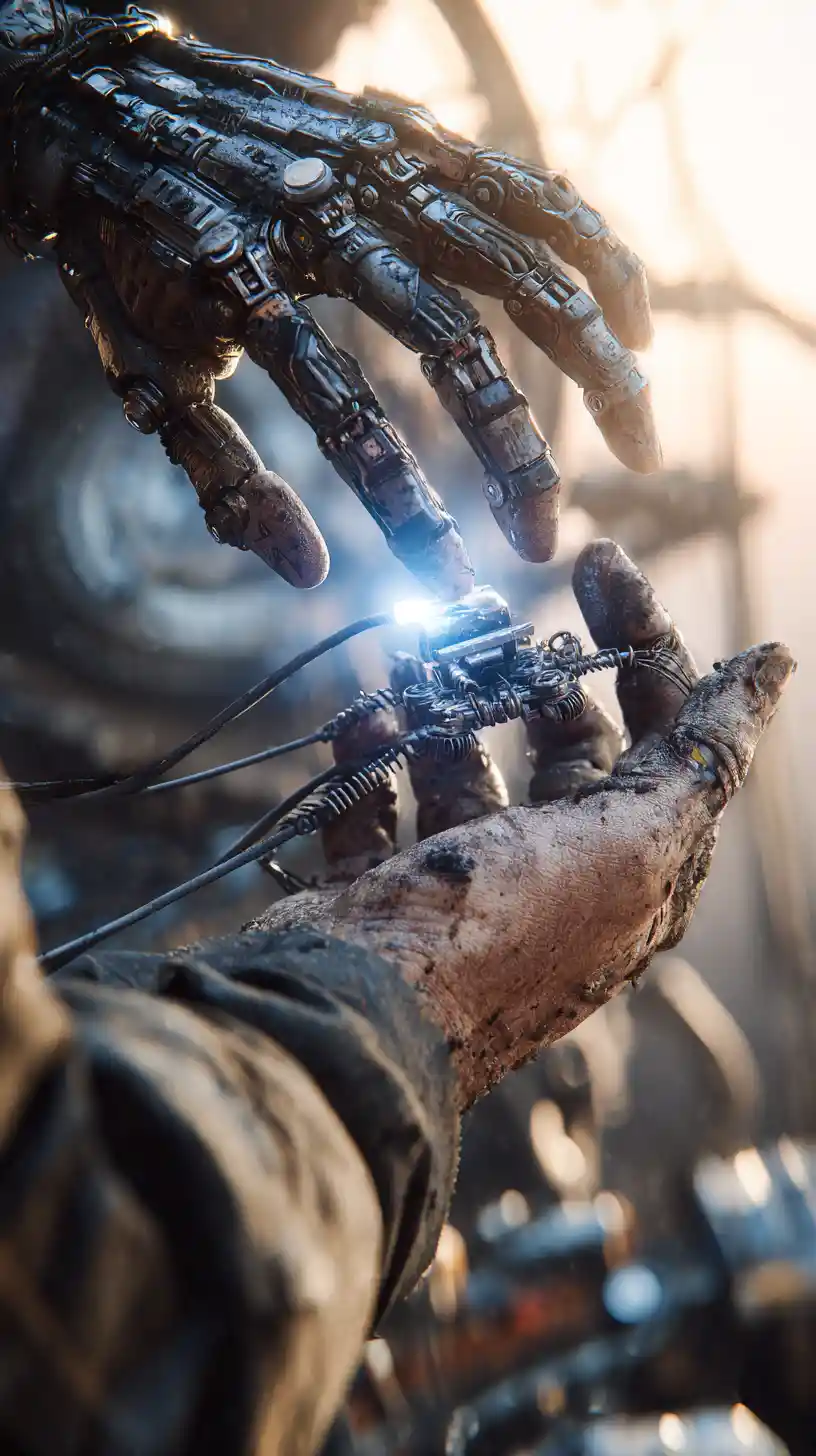 Cyberpunk engineer controlling a floating biomechanical repair drone