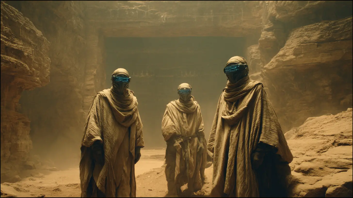 Three cave guardians stand before an ancient ritual cave