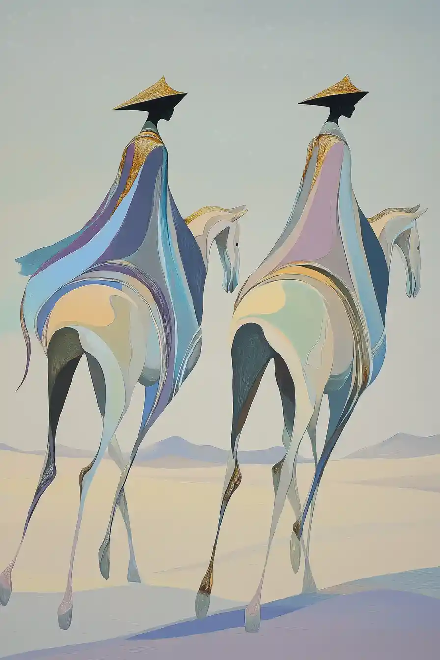 Elegante Reiter auf ätherischen Pferden in minimalistischer Landschaft
