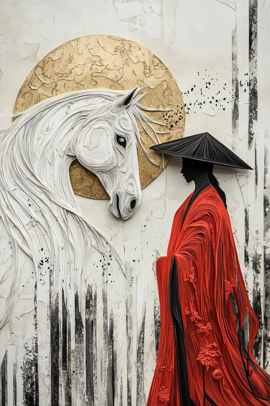 White horse and red robed figure in sculpted paper scene