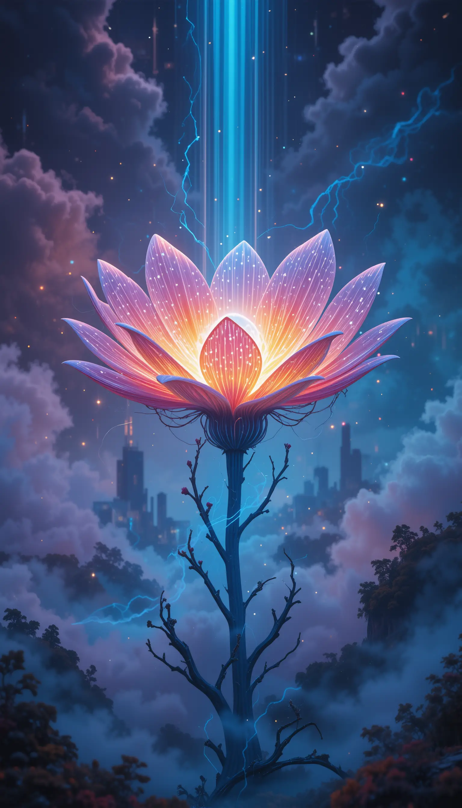 Bioluminescent Flower Glowing Over Futuristic Earthscapes