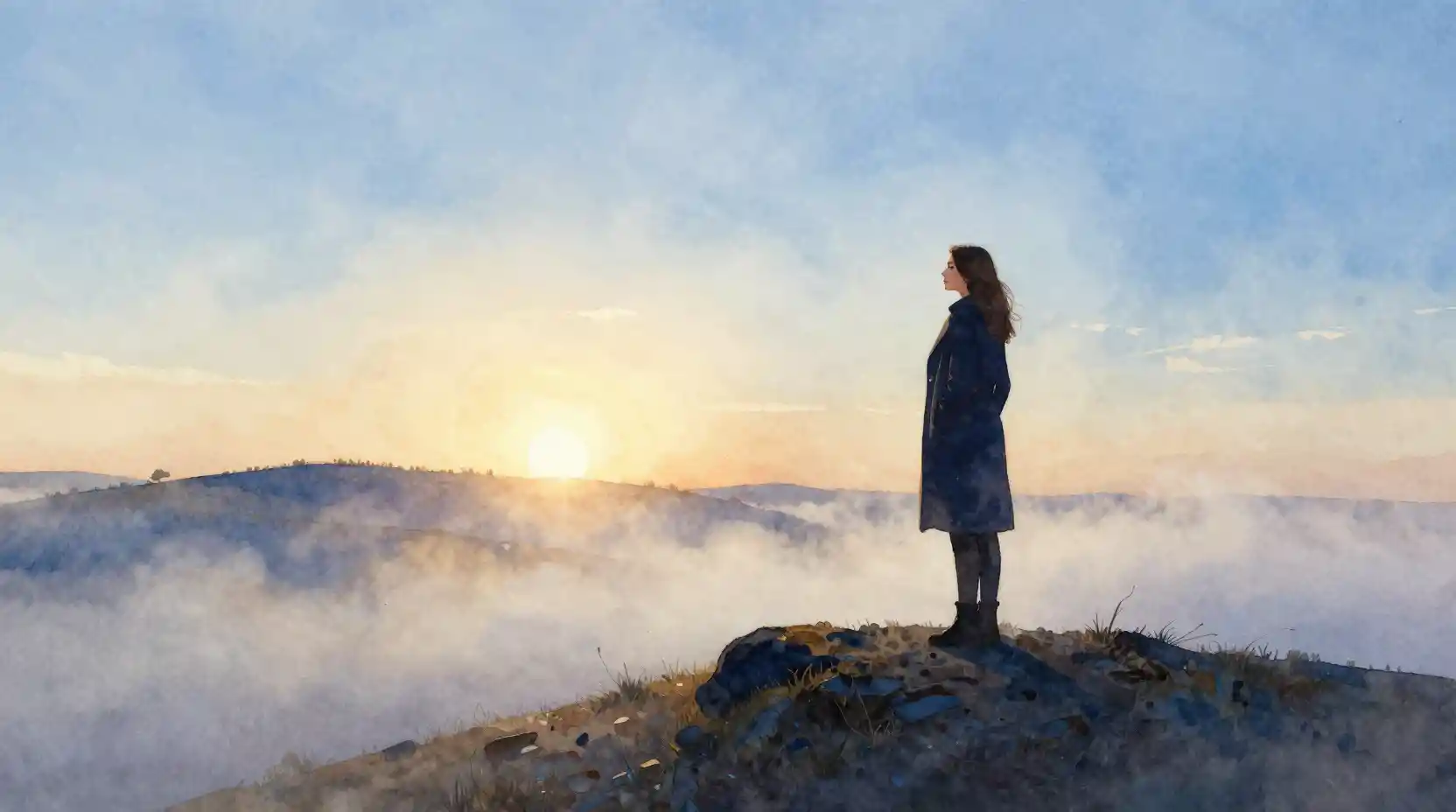 Young woman on a foggy hill at sunrise watercolor scene