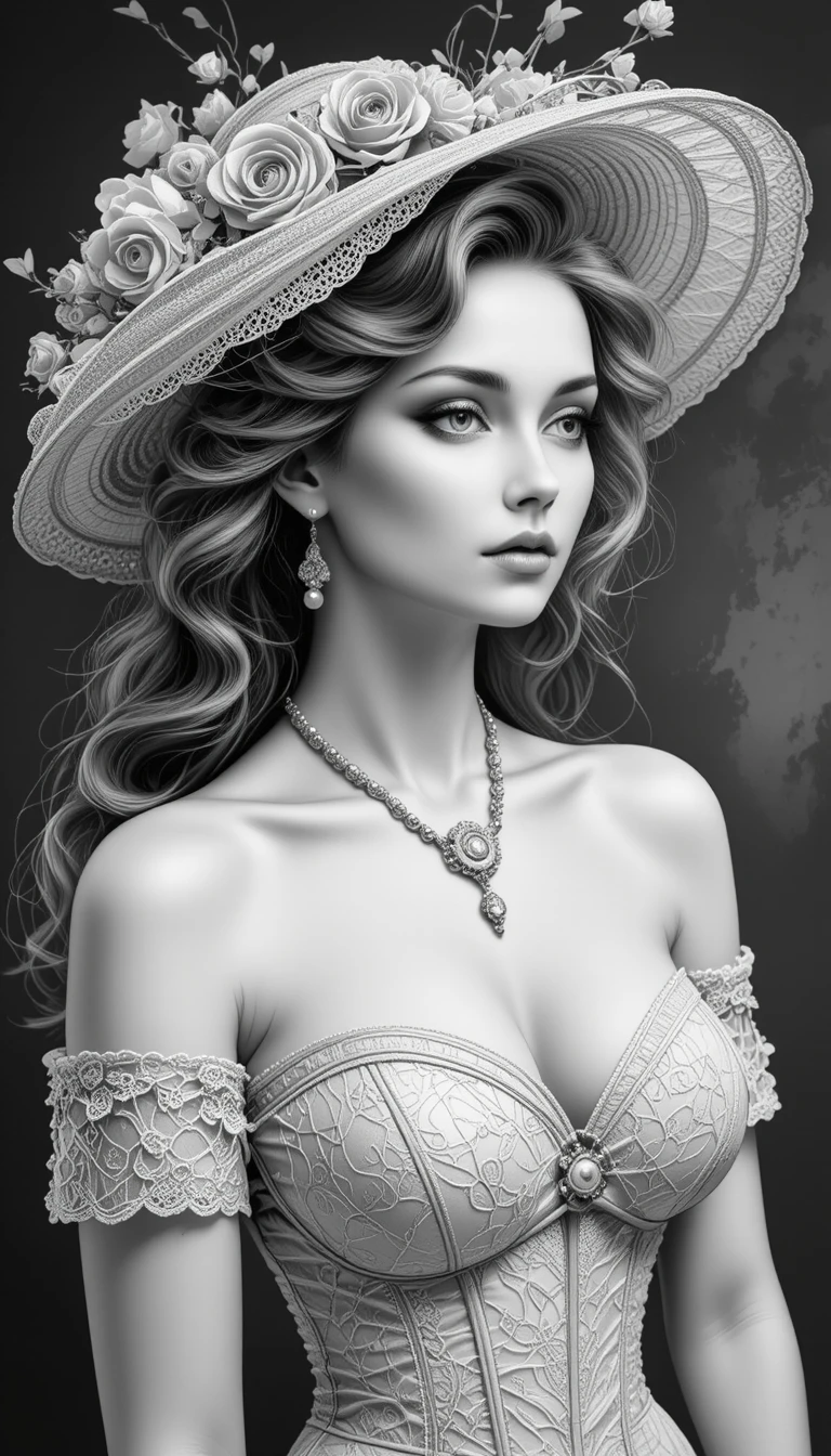 Retrato de mujer vintage elegante con vestido de encaje y sombrero floral