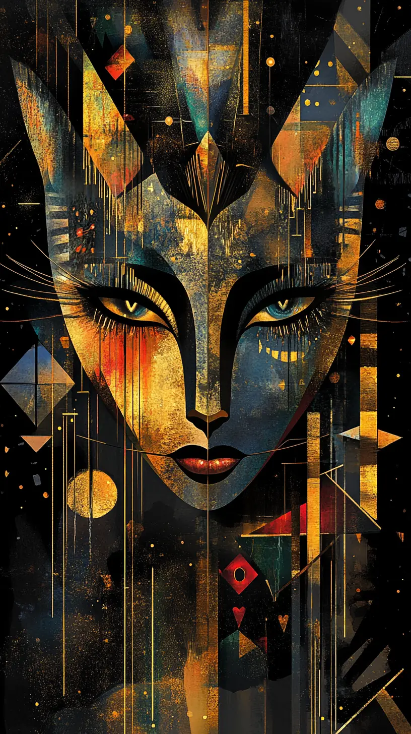 Surreal hybrid visage with feline ears and glowing avian eyes