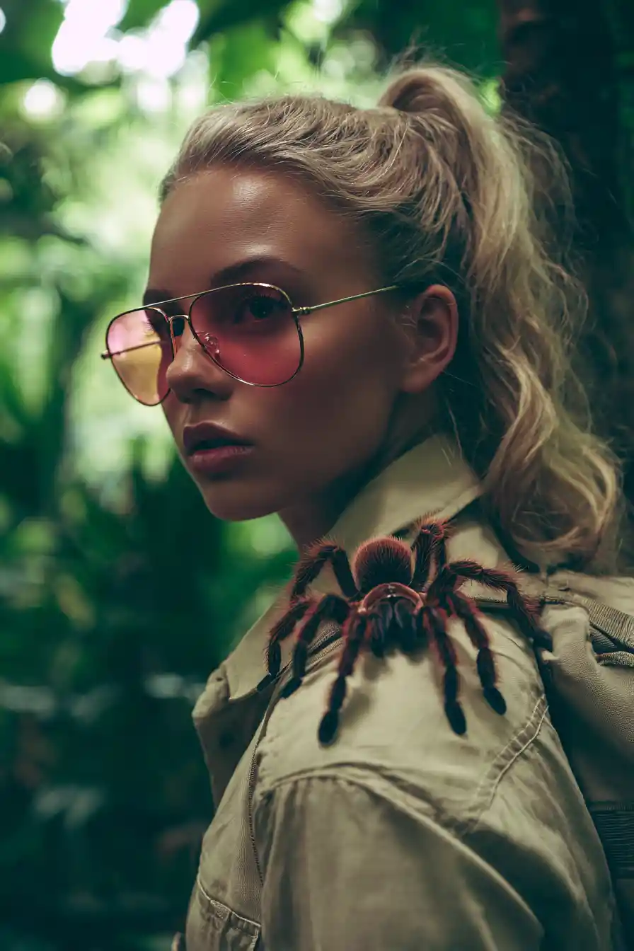 Blonde woman with tarantula in a lush green jungle