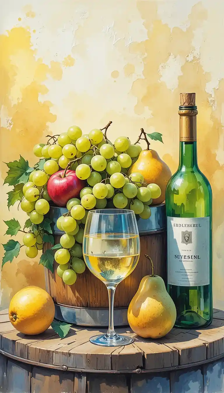 Warm watercolor still life with fruit and white wine