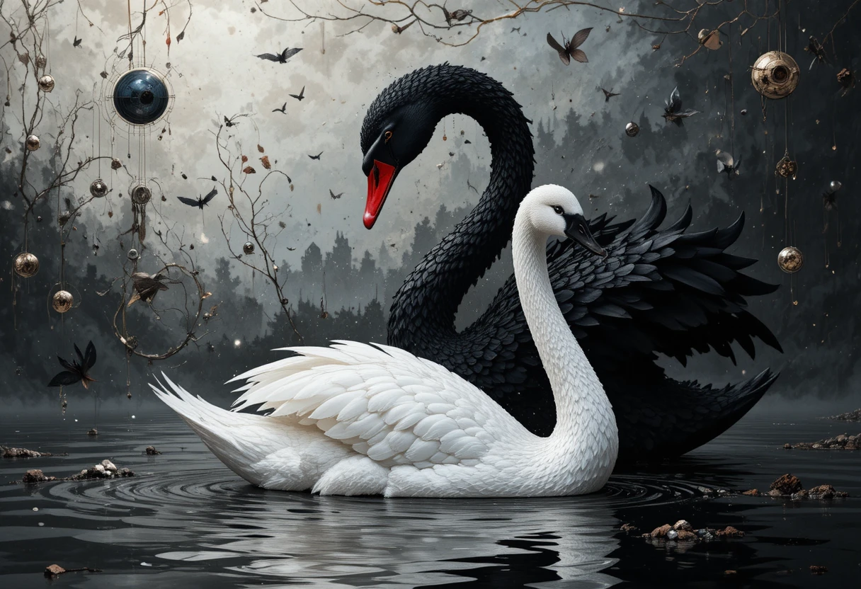Cigni in bianco e nero surreali in armonia di impasto astratto