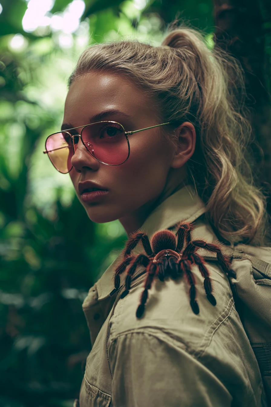 Blonde woman with tarantula in a lush green jungle