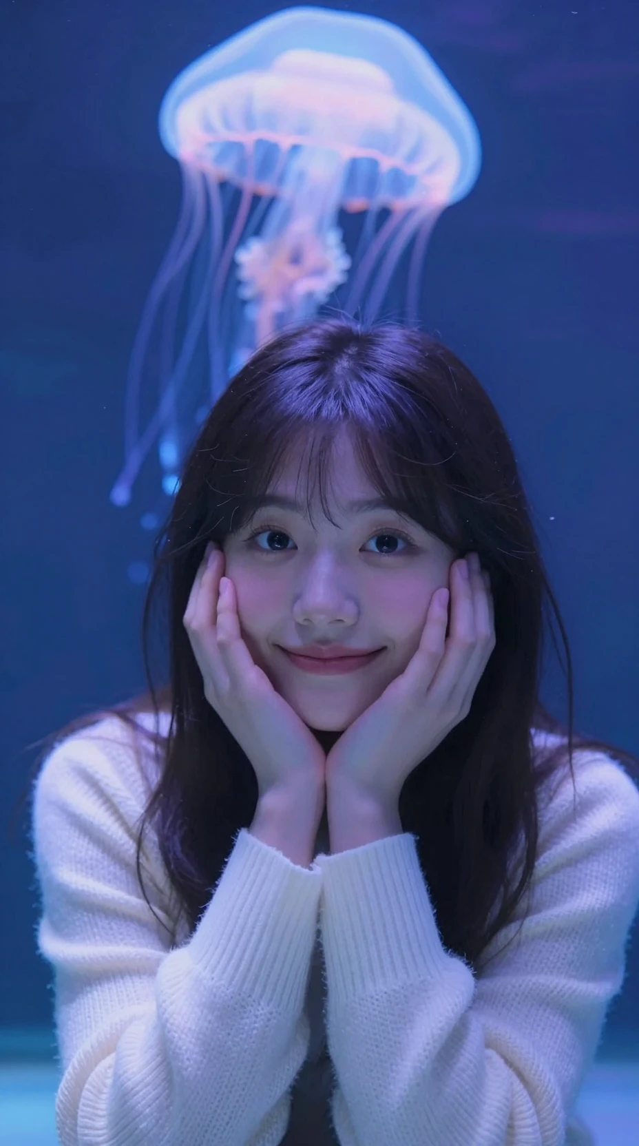 Japanese girl in aquarium glow with dreamy close up gaze