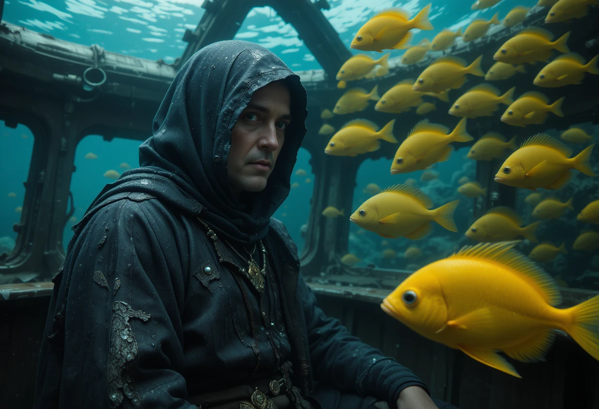 Monk In Tattered Black Cloak Floating In Underwater Cockpit