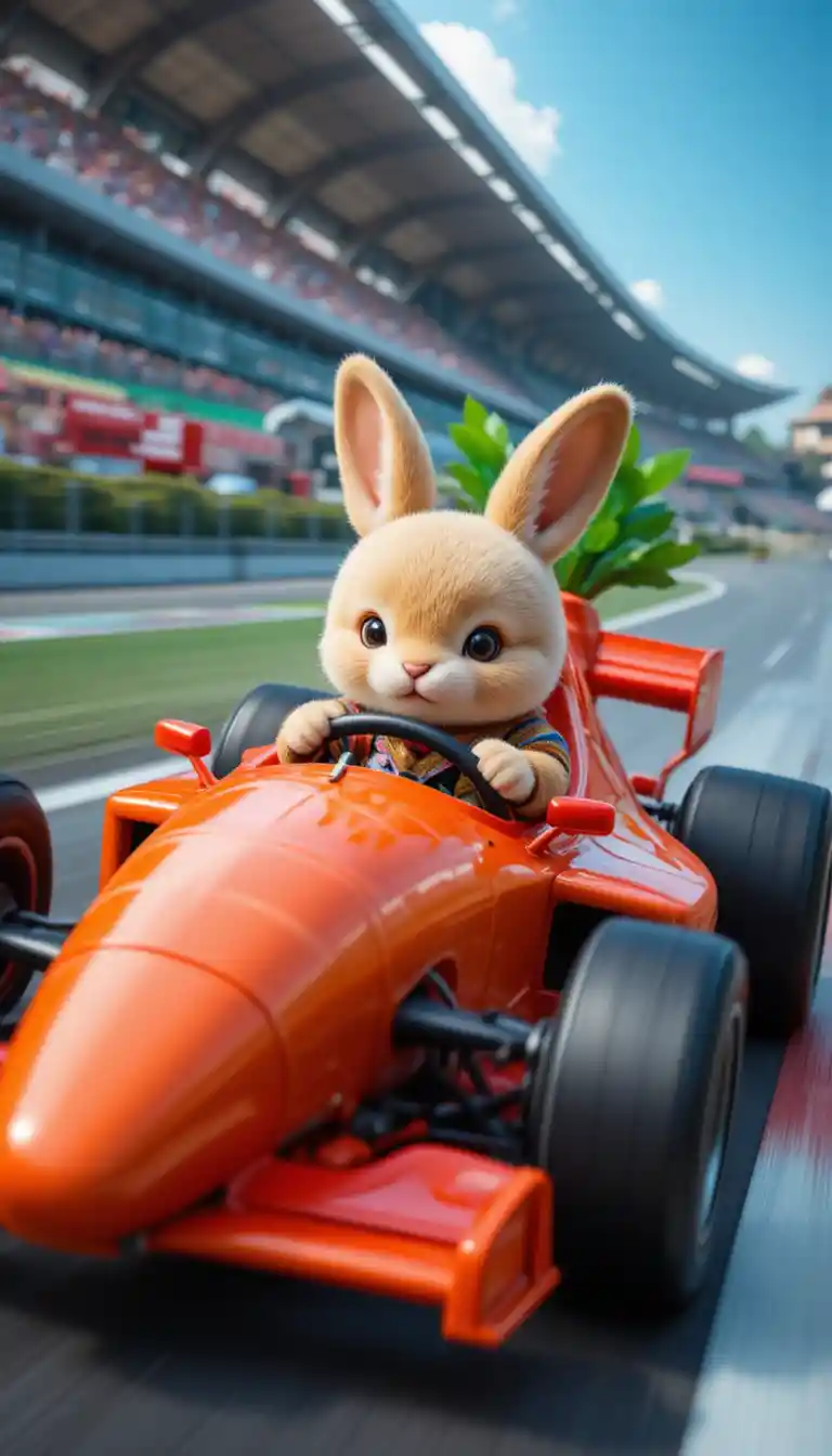 Cute rabbit racing a red carrot formula car