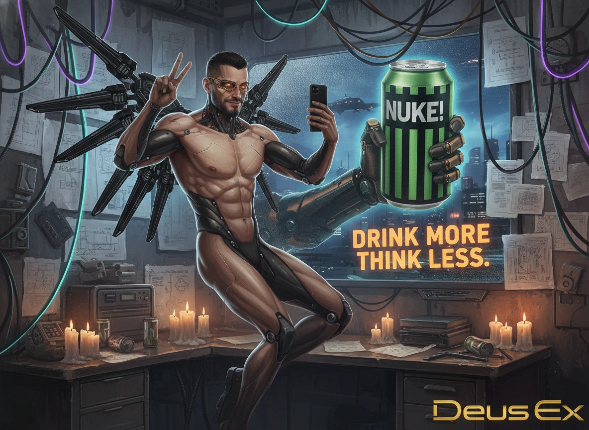 Augmented cyberpunk detective taking a selfie in neon room