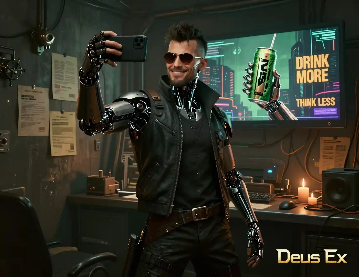 Cybernetic detective taking a selfie in neon lit room