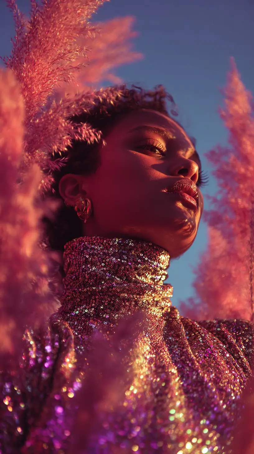 Radiant couture portrait in feathery pink outdoor setting