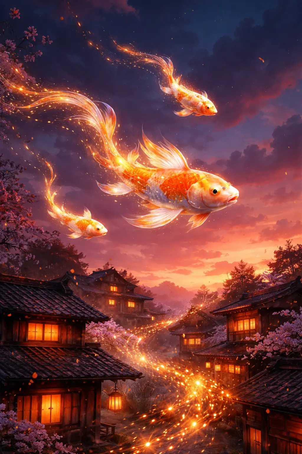 Koi fish drifting through the sky between city houses