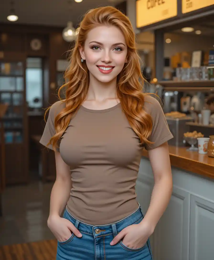 Donna dai capelli rossi sicura di sé in abbigliamento casual al bar