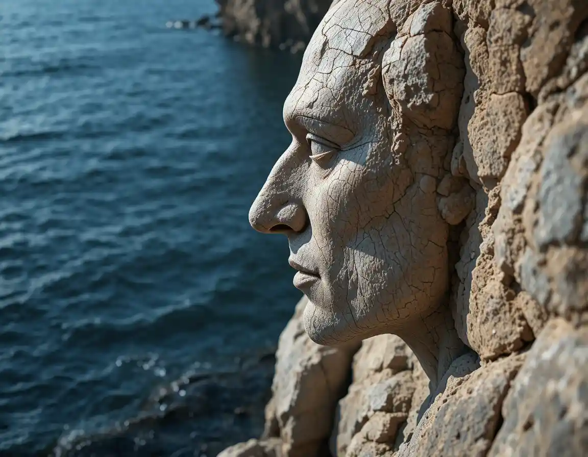 Rock cliff profile resembling a human face by dark water