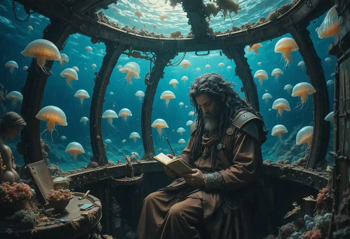 Mythical monk seated in a cockpit beneath the deep sea