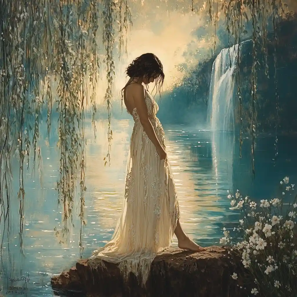 Woman in flowing gown at a tranquil lakeside at dusk