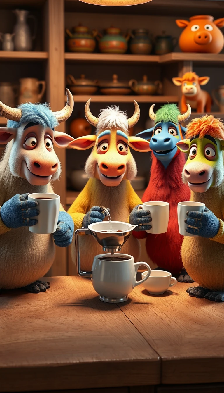 Colorful cartoon chickens sharing coffee in a cozy kitchen
