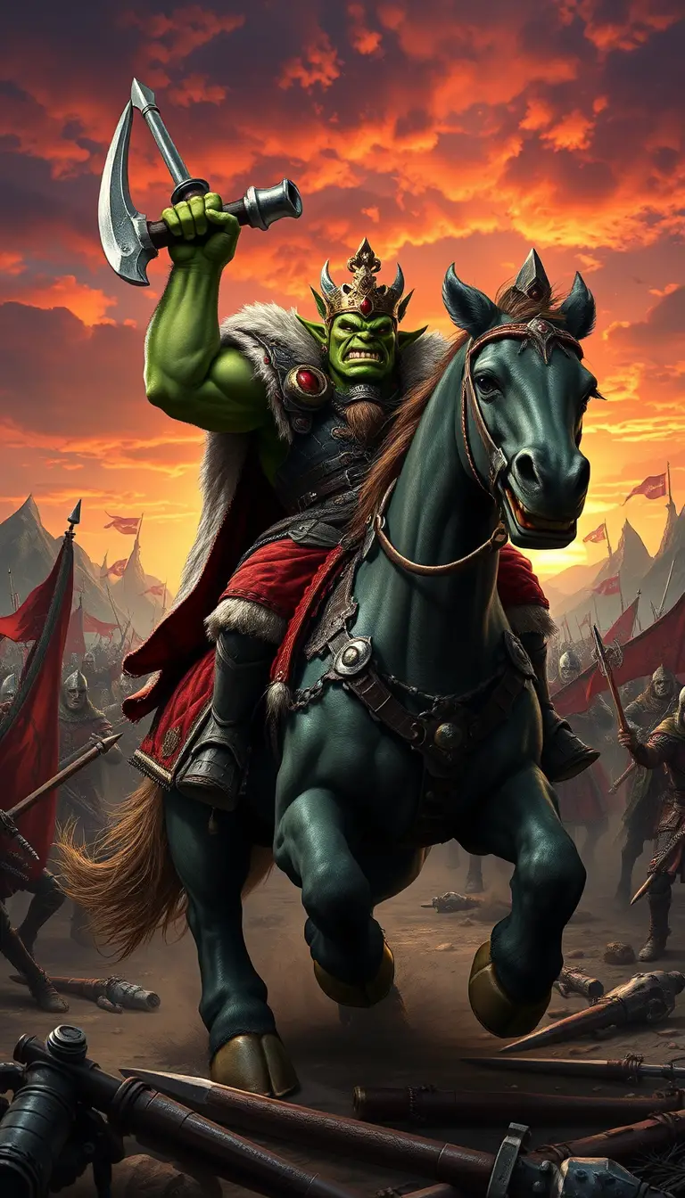 Orkkönig reitet Kriegshahn in feurigem Fantasy-Schlachtfeld
