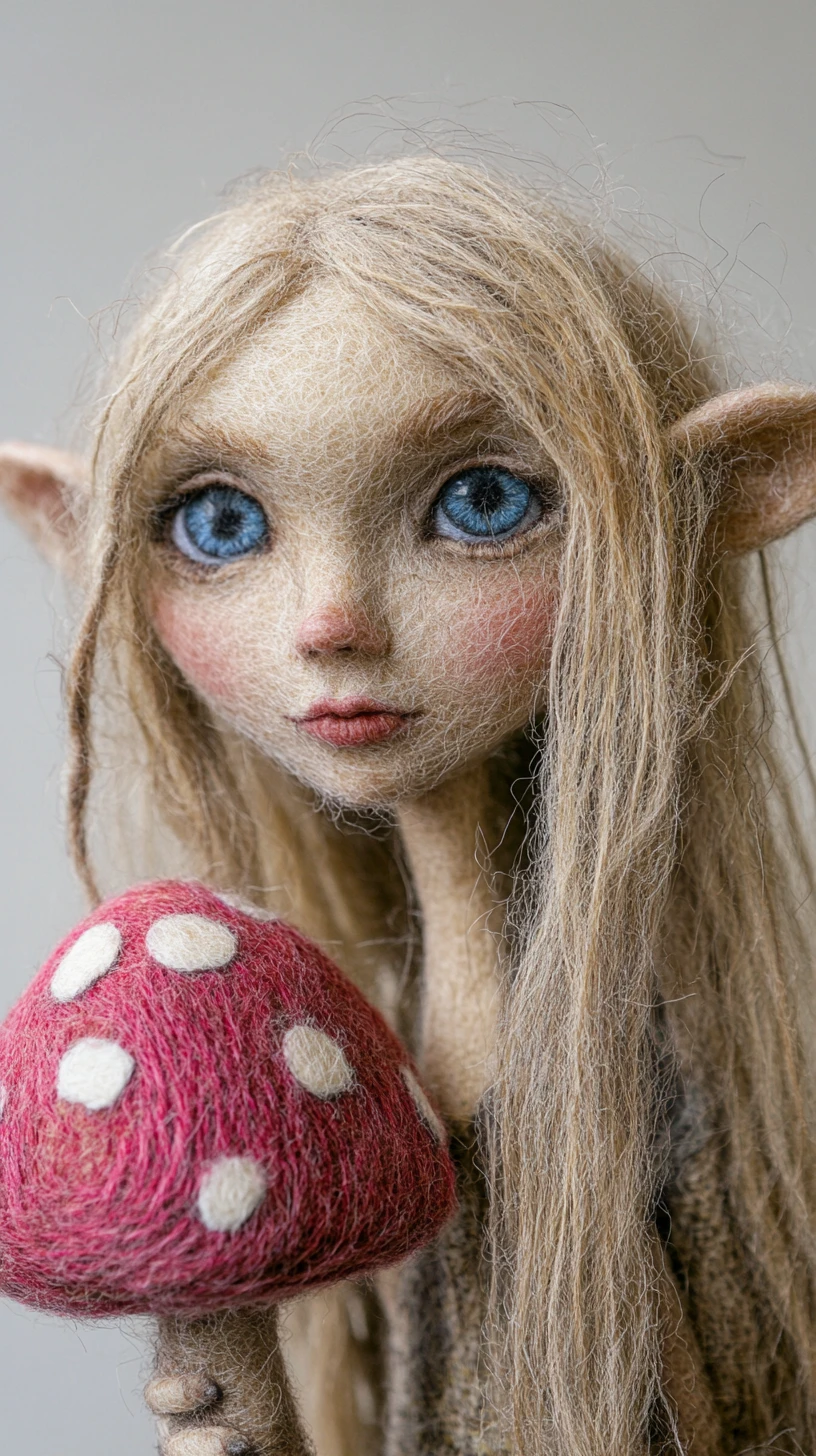 Thoughtful elf holding a large pink spotted mushroom