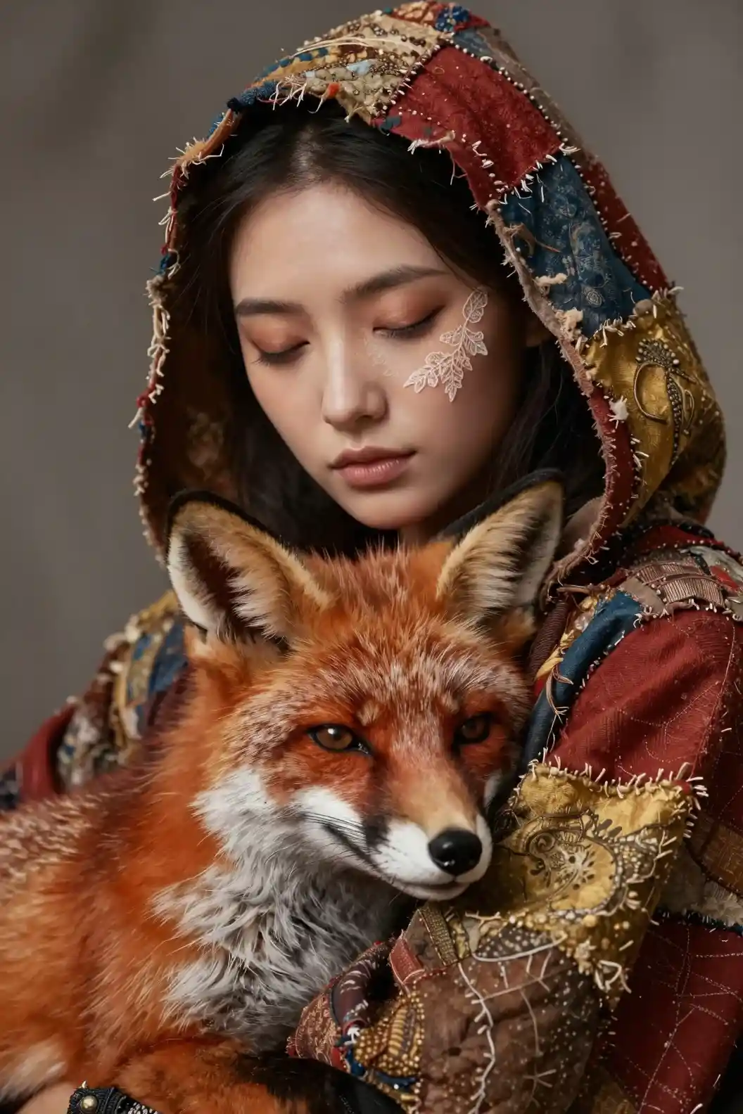 Woman in patchwork hood with sleeping fox portrait