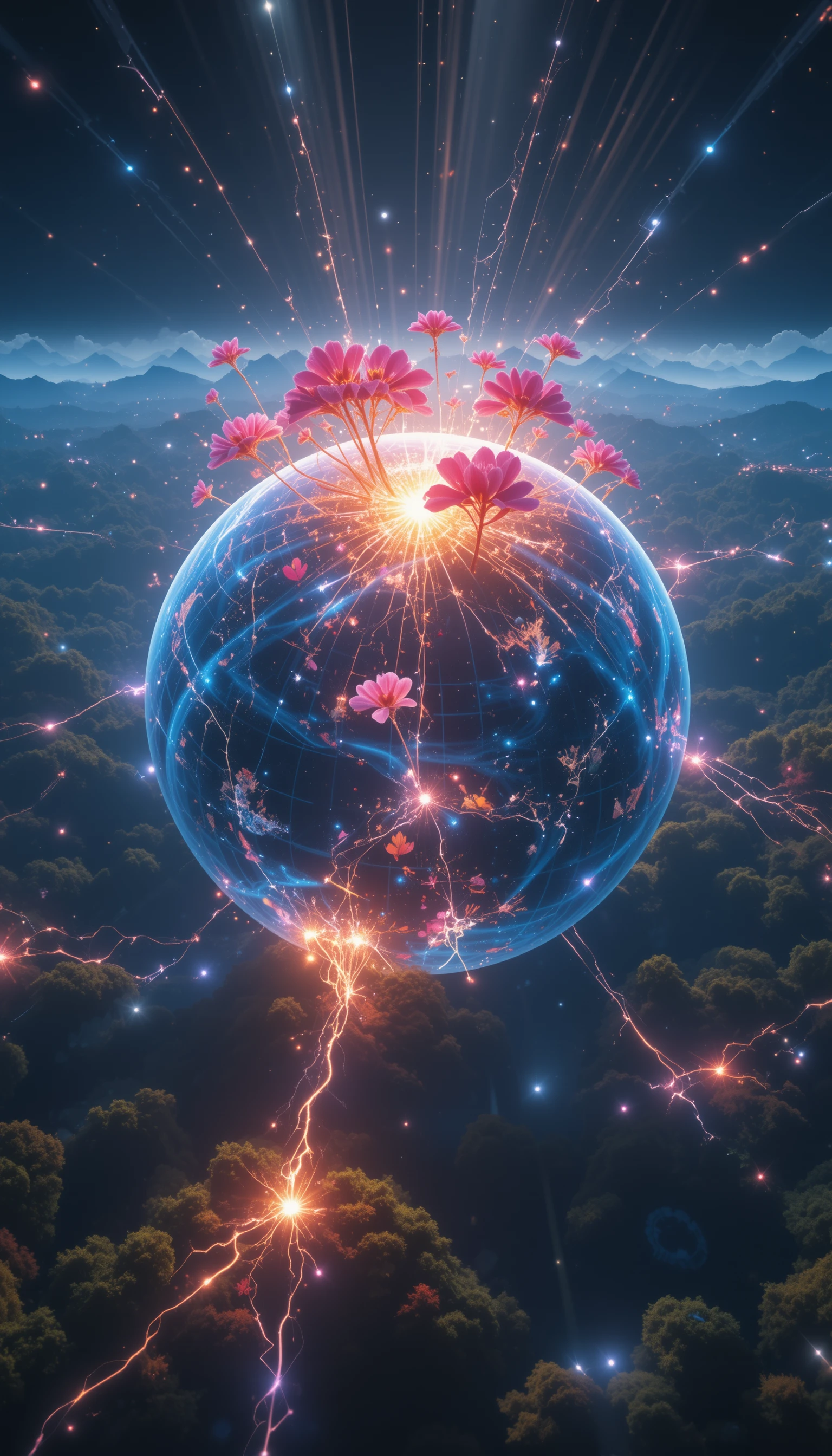 Energía vital de primavera fluyendo a través de una Tierra digital luminosa