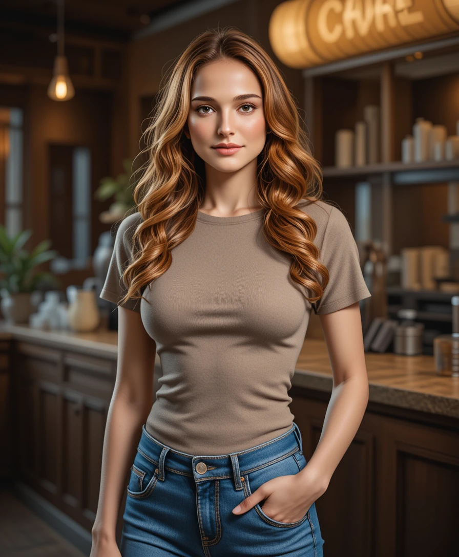 Donna dai capelli rossi in abbigliamento casual al bancone di un bar