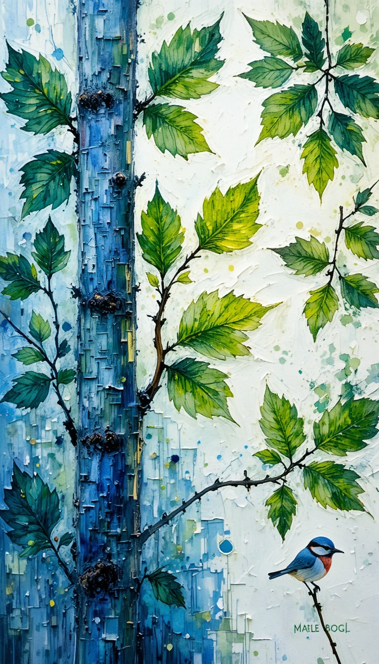 Primer plano de pintura al impasto de un pájaro y hojas verdes