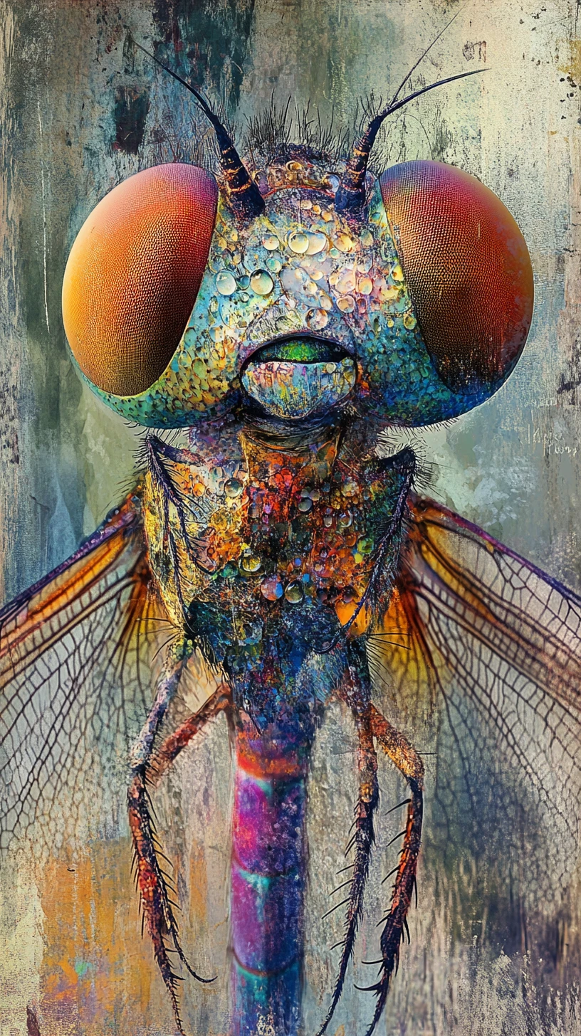 Retrato abstracto de libélula con formas fragmentadas de gotas de agua