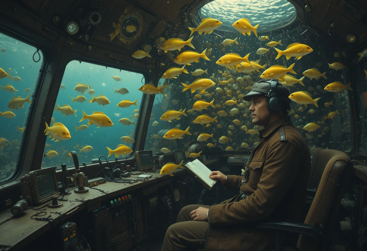 Monk seated in a cockpit deep within a surreal ocean